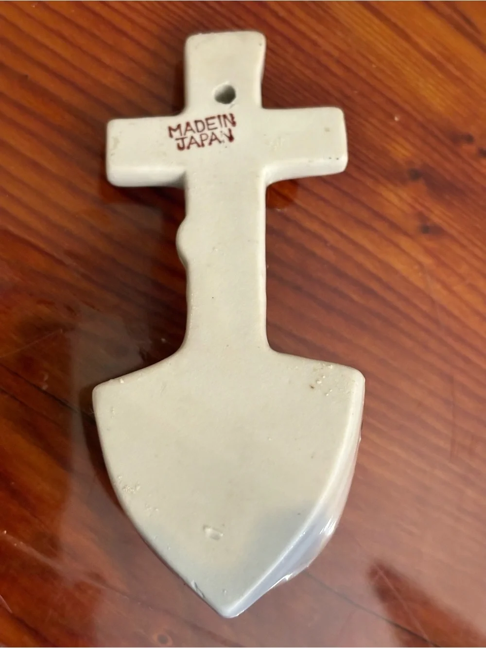 Holy Water Stoup Small Ceramic Cross Wall Pocket with ‘JHS’ Pink Floral Accents.